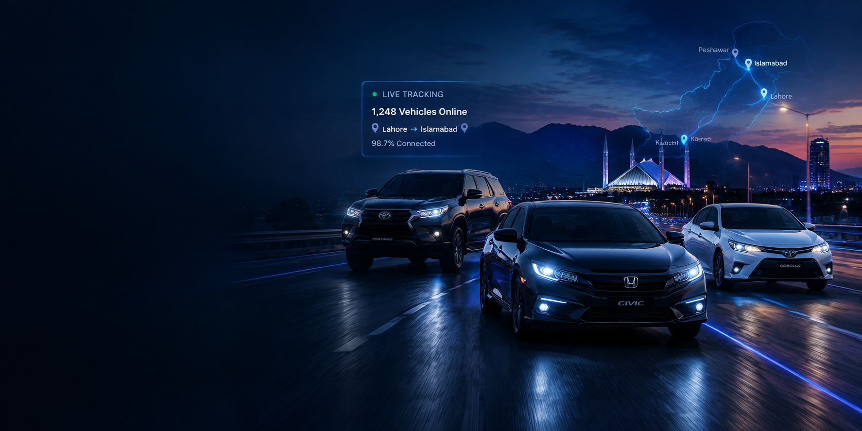 Fleet of vehicles on the road